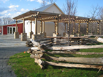 Outside of Civil Interpretive Center at Historic Blenheim including patio and pergola