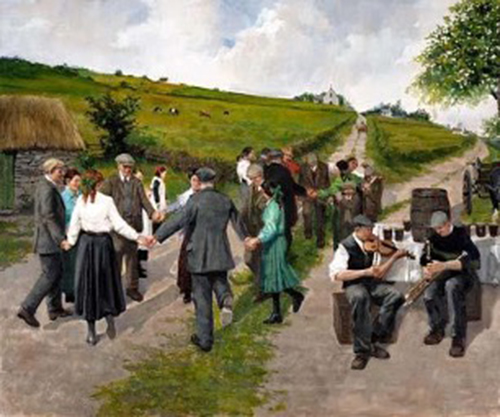 Group Ceili dancing in a green, green field