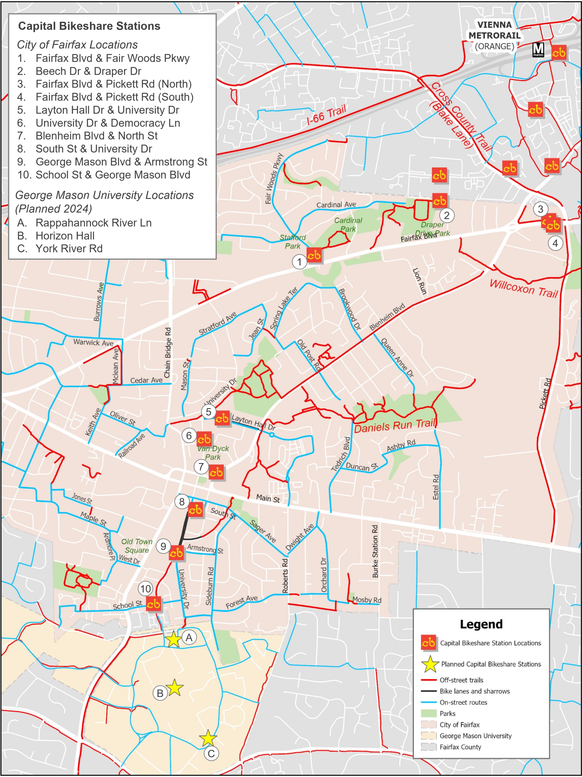 City of Fairfax Bikeshare Station Map 2023