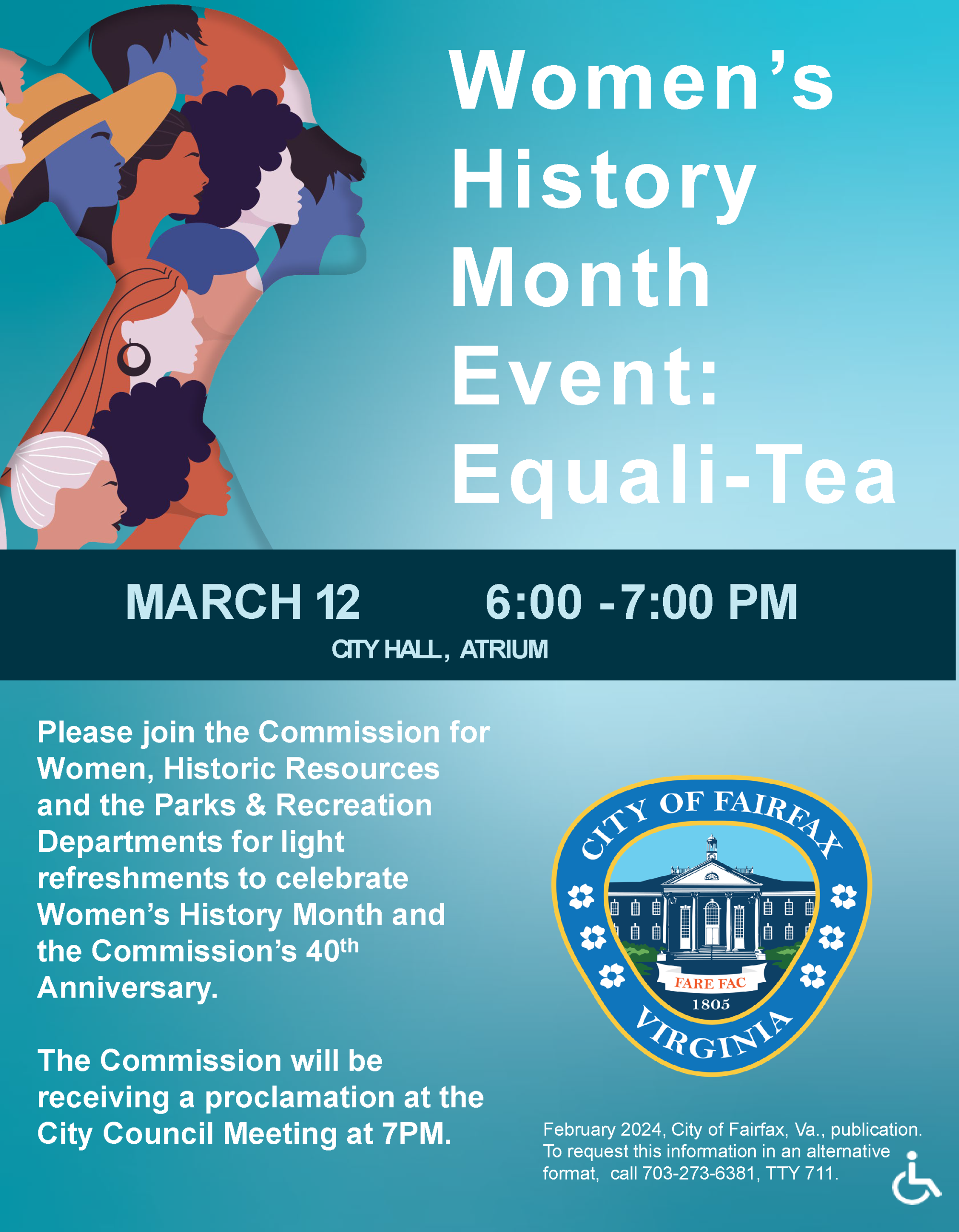 Women's History Month Equali-Tea Flyer Teal background with colorful image in the shape of a woman's head and shoulders made of images of women