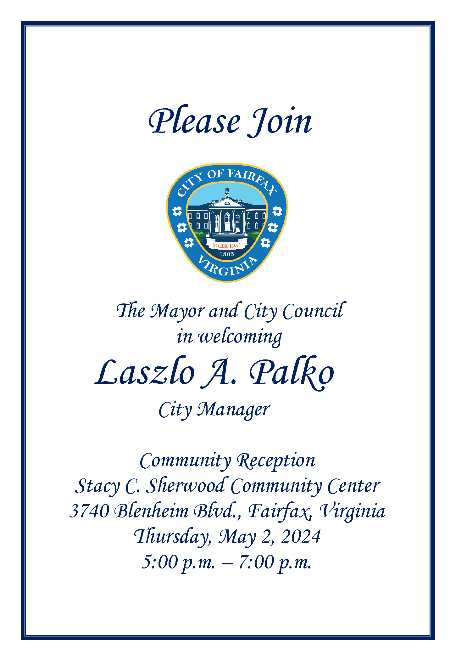 Welcome Reception Invitation for City of Fairfax City Manager, Laszlo A. Palko