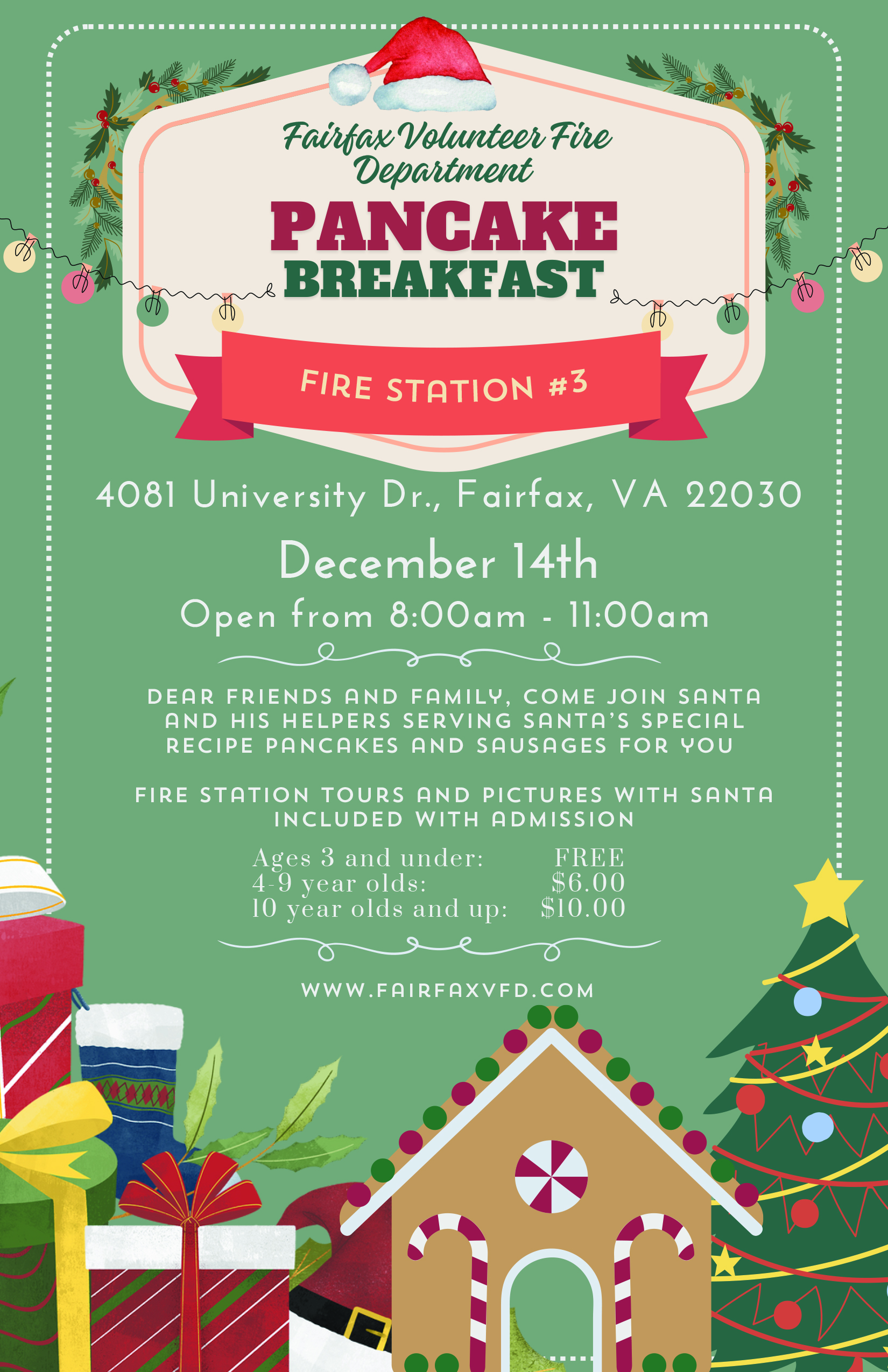 Fairfax Vol;unteer Fire Department Pancak Breakfast 2024 Fire Station 3, Dec. 14, 2024, 8-11 a.m.